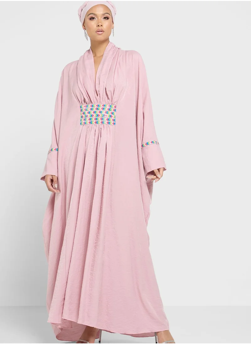 hayas closet Embellished Ruched Waist Tiered Abaya