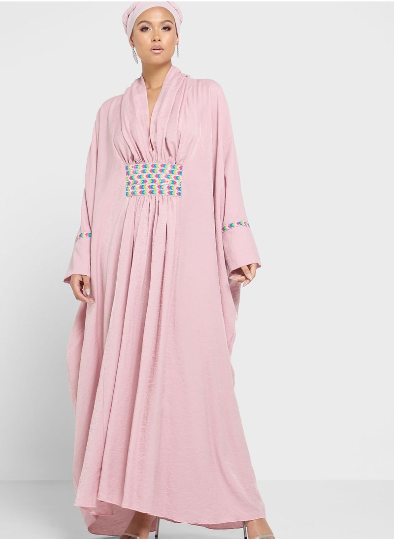 hayas closet - Embellished Ruched Waist Tiered Abaya - Image 1