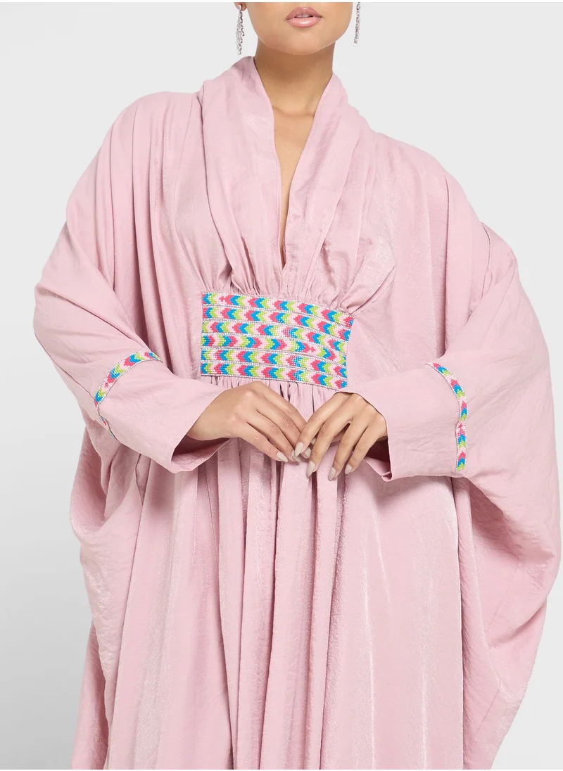 hayas closet Embellished Ruched Waist Tiered Abaya