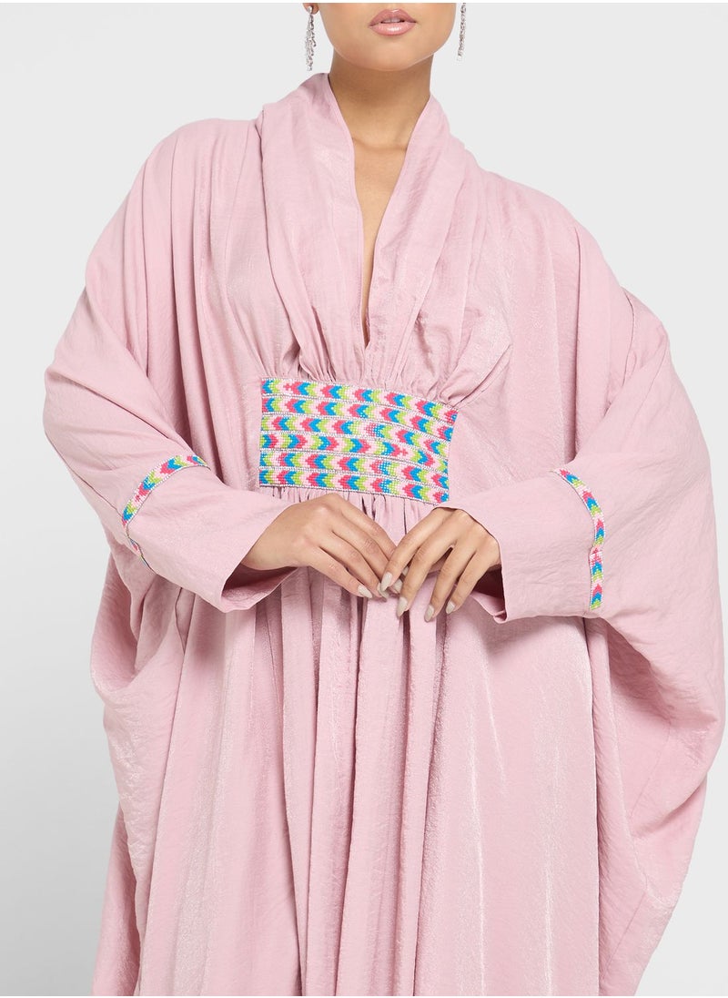 hayas closet - Embellished Ruched Waist Tiered Abaya - Image 1