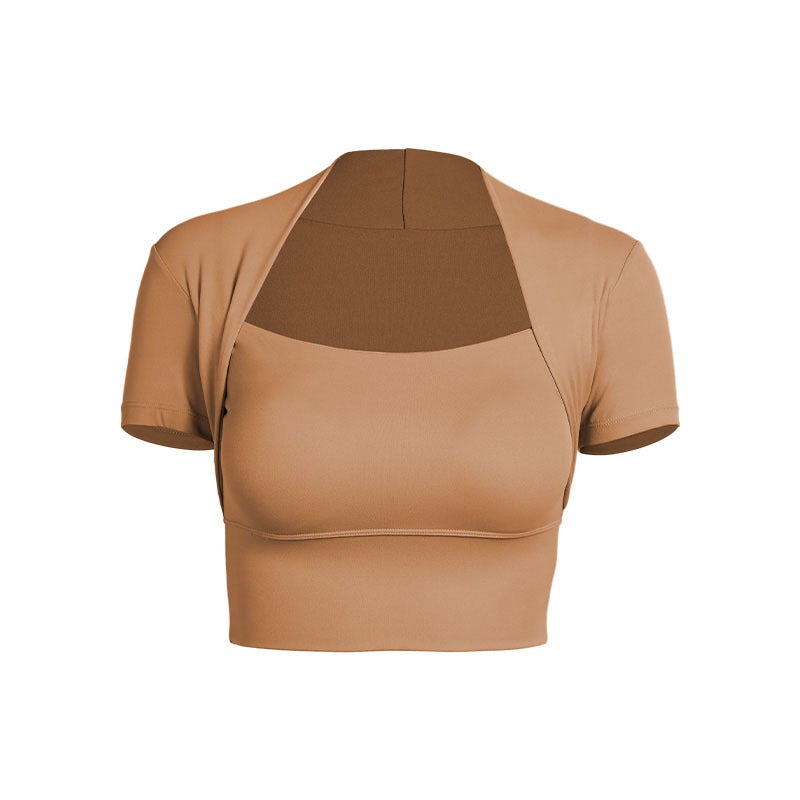 Generic Shawl Yoga Suit Female Summer Sports Short Sleeve T-Shirt Running Quick Dry Pilates Tops with Chest Mat Fitness Training Suit Earthy yellow