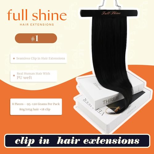 Full Shine Seamless Clip in Hair Extensions Human Hair Black Invisible PU Weft Clip ins Straight Hair Add Volume for Women 16 Inch 120g 8Pcs - Image 5