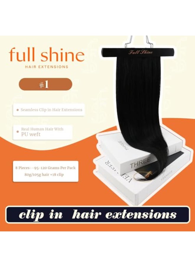 Full Shine Seamless Clip in Hair Extensions Human Hair Black Invisible PU Weft Clip ins Straight Hair Add Volume for Women 16 Inch 120g 8Pcs - Image 4