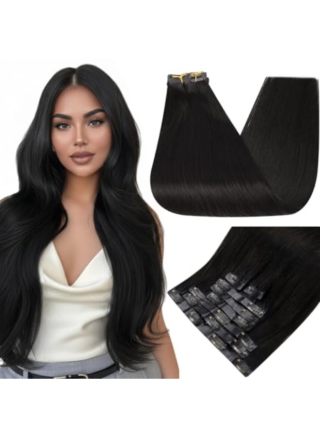 Full Shine Seamless Clip in Hair Extensions Human Hair Black Invisible PU Weft Clip ins Straight Hair Add Volume for Women 16 Inch 120g 8Pcs - Image 1