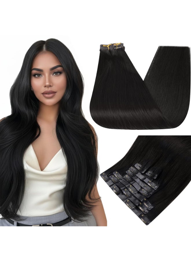 Full Shine Seamless Clip in Hair Extensions Human Hair Black Invisible PU Weft Clip ins Straight Hair Add Volume for Women 16 Inch 120g 8Pcs - Image 3