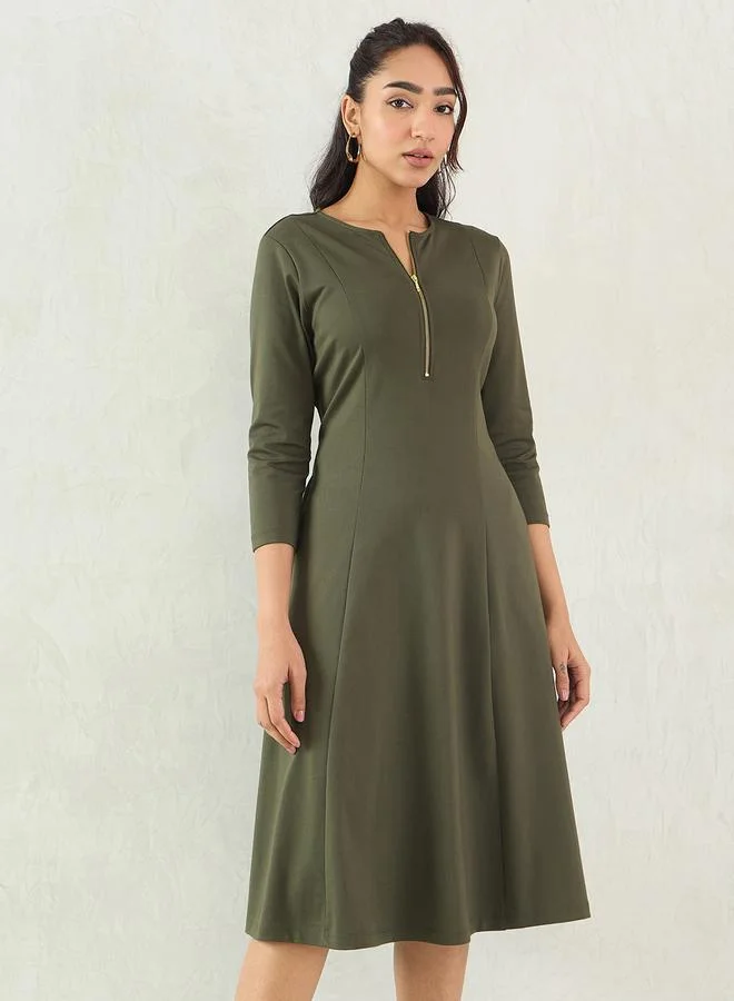 فيميلا Femmella Olive Solid Half Zip A-Line Midi Dress