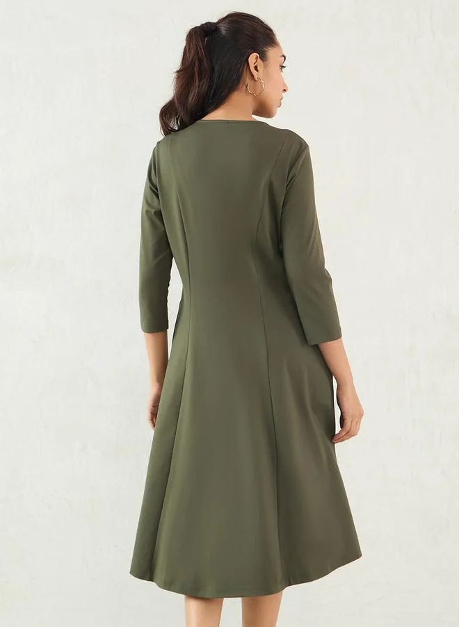 فيميلا Femmella Olive Solid Half Zip A-Line Midi Dress