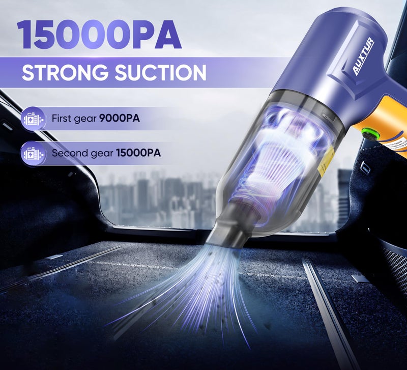 AUXTUR Car Vacuum Portable Cordless 3 in 1 Handheld Car Vacuum 15000PA High Power with Brushless Motor,5200mAh withType-C Charing Small Vacuum Cleaner Portable Cordless,SW101Blue Yellow - Image 2