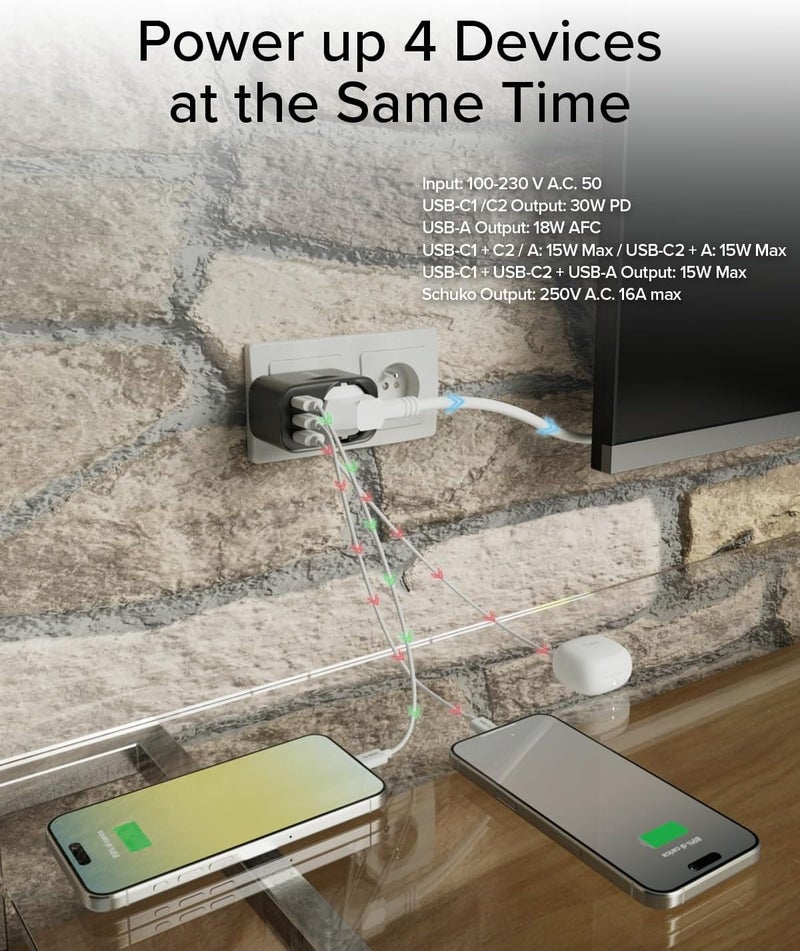 SBS USB-C USB-A Multi-Socket Power Adapter, MAX 3500W Pass-Through Schuko Connector, Power Delivery (PD 3.0 PPS) 30W, Fast Charge, Charger for iPhone, Android, Tablet and MacBook Neo, Black - Image 5