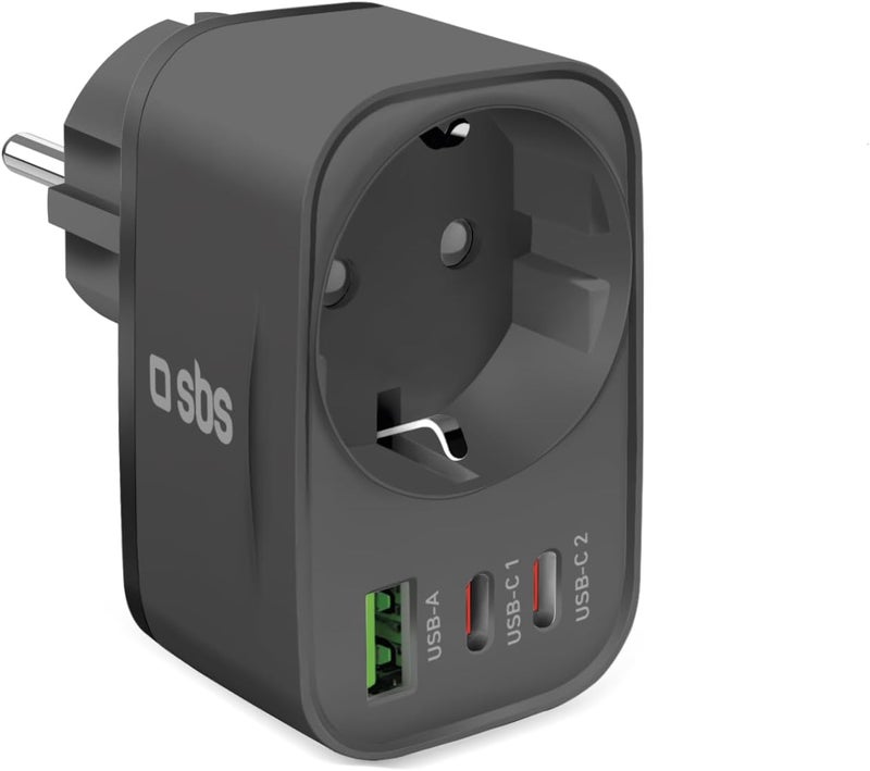 SBS USB-C USB-A Multi-Socket Power Adapter, MAX 3500W Pass-Through Schuko Connector, Power Delivery (PD 3.0 PPS) 30W, Fast Charge, Charger for iPhone, Android, Tablet and MacBook Neo, Black - Image 1