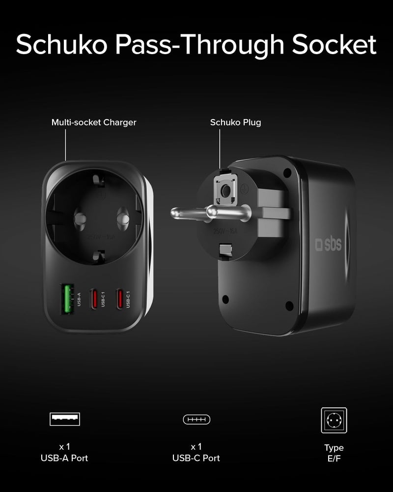 SBS USB-C USB-A Multi-Socket Power Adapter, MAX 3500W Pass-Through Schuko Connector, Power Delivery (PD 3.0 PPS) 30W, Fast Charge, Charger for iPhone, Android, Tablet and MacBook Neo, Black - Image 3