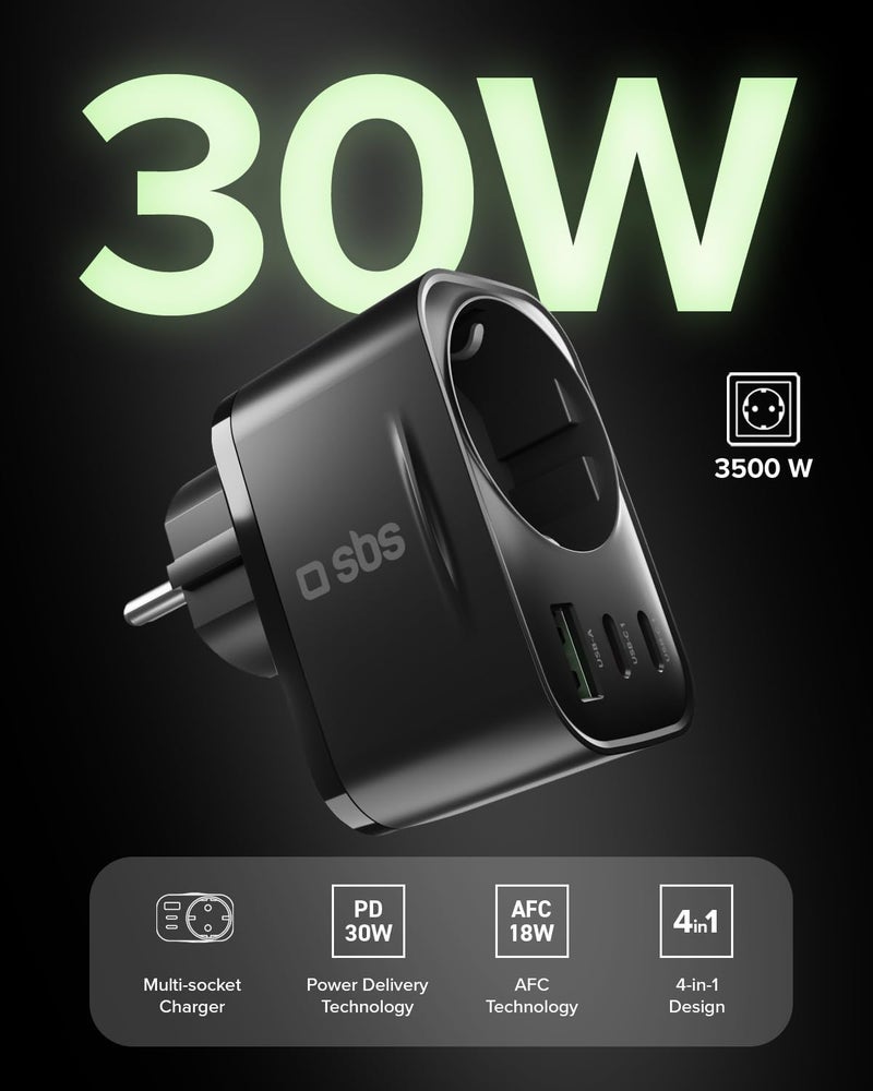 SBS USB-C USB-A Multi-Socket Power Adapter, MAX 3500W Pass-Through Schuko Connector, Power Delivery (PD 3.0 PPS) 30W, Fast Charge, Charger for iPhone, Android, Tablet and MacBook Neo, Black - Image 2