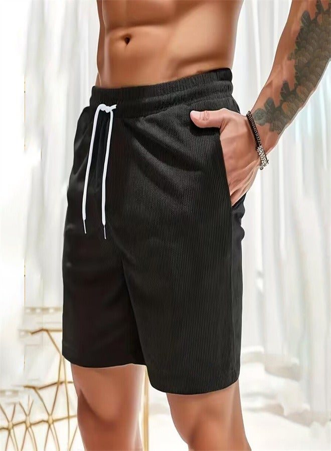 Loquat Solid Color Lace Up Sports Corduroy Minimalist Five Point Shorts black  - Image 1