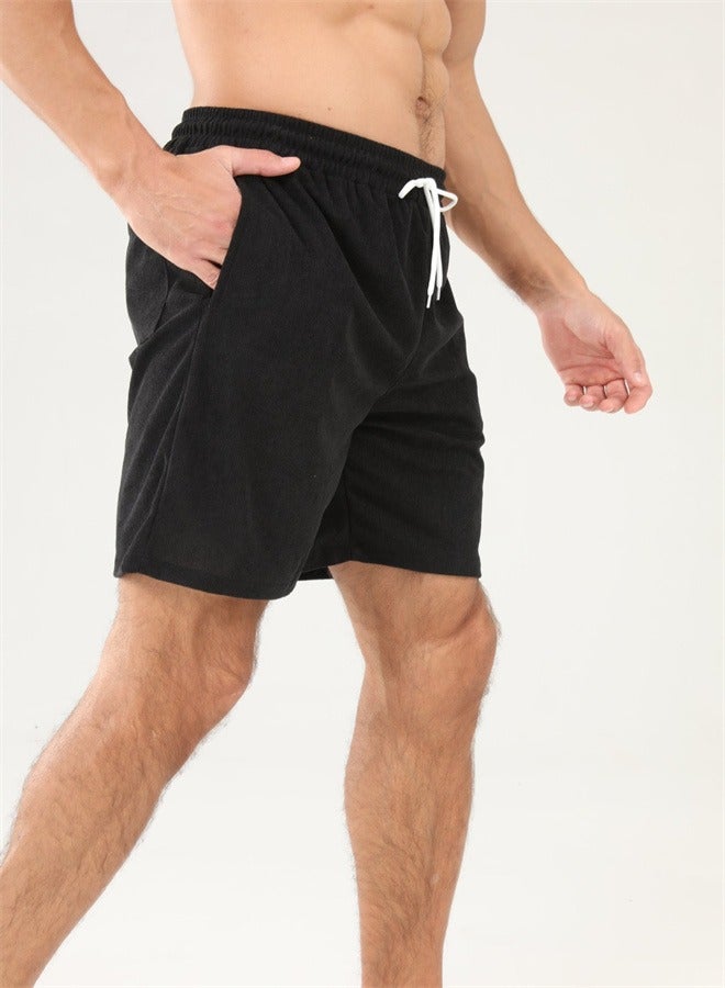 Loquat Solid Color Lace Up Sports Corduroy Minimalist Five Point Shorts black  - Image 2