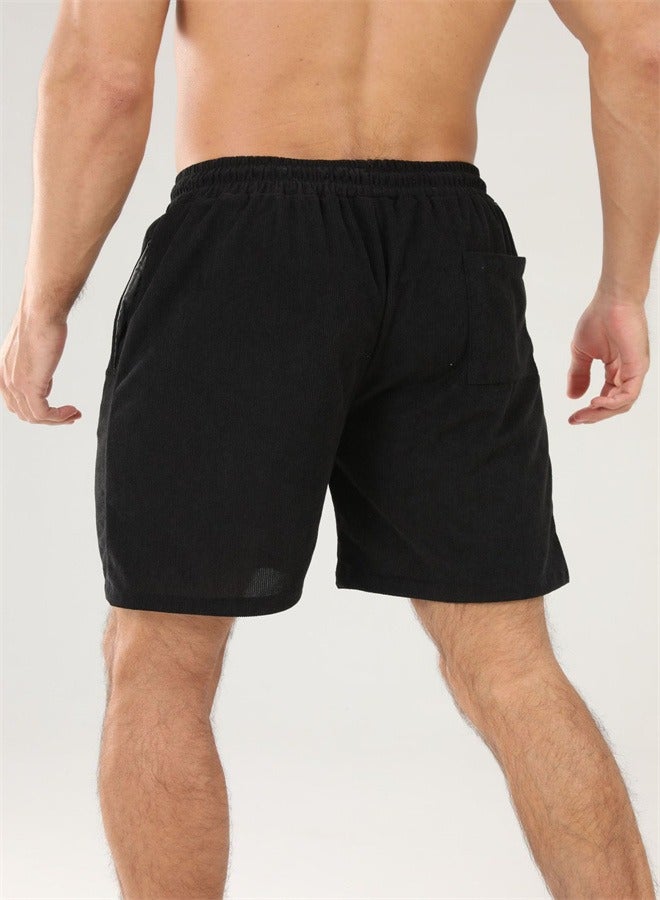 Loquat Solid Color Lace Up Sports Corduroy Minimalist Five Point Shorts black  - Image 3
