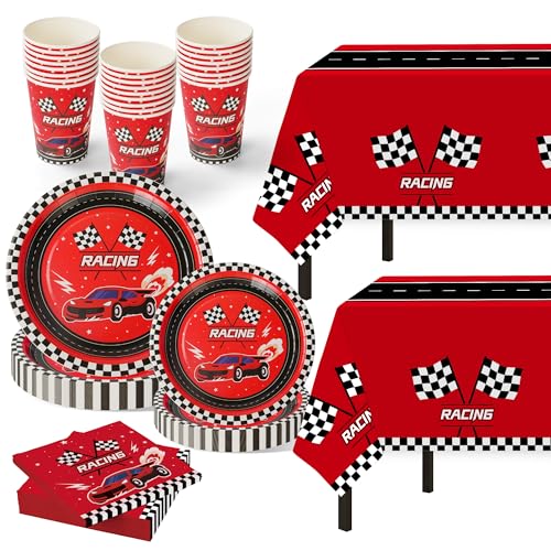 Childom 102 PCS Racing Car Tableware SetsRace Car Birthday Party SuppliesDisposable Racing TableclothsPlates Cups NapkinsCars Themed Tableware Set for Boys BirthdayKids PartiesRacing Party Decor - Image 1