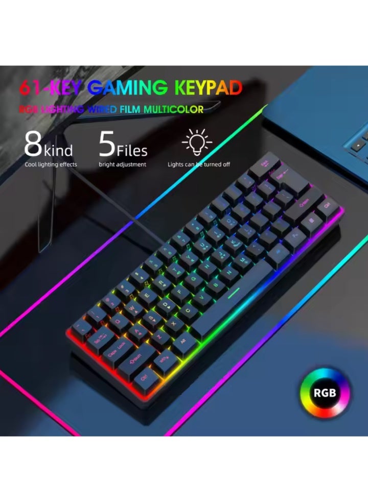 61 Keys Membrane Keyboard Key Cable Separation Simple and Compact Two Colours Colour Blocking RGB Cool Backlight Gaming Wired Keyboard Mini 60% Keyboard - Image 2