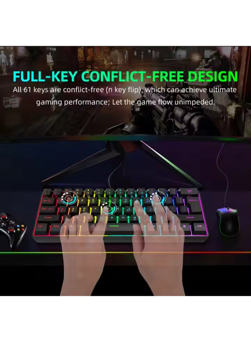 61 Keys Membrane Keyboard Key Cable Separation Simple and Compact Two Colours Colour Blocking RGB Cool Backlight Gaming Wired Keyboard Mini 60% Keyboard - Image 5