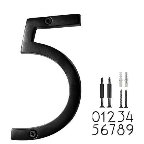 NACH Floating House Numbers, 6 inch Aluminum Black House Numbers for Outside - Number 5, Door Numbers with Mounting Hardware - Image 1