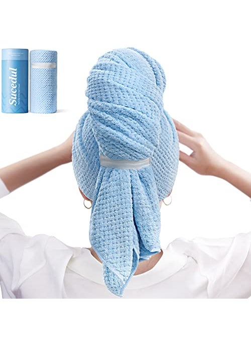 Sucedul Sucedul Microfiber Hair Towel Large Absorbent Turban for Women Fast Drying AntiFrizz Soft Lightweight Ideal for Long Thick Curly Hair Blue 