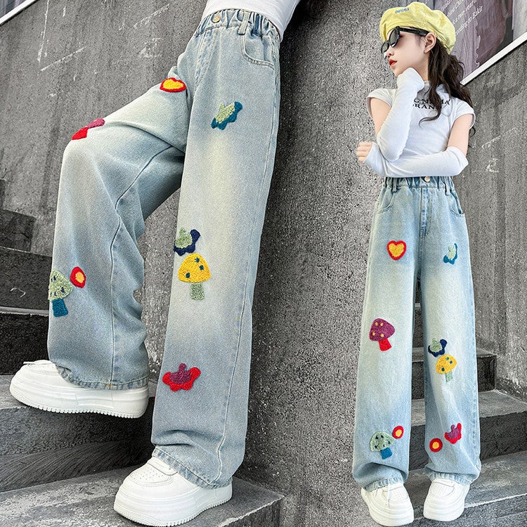 Girls' Jeans Spring Children'S Wide Leg Pants Style Middle And Large Children'S Straight Leg Pants All-Match Wide Leg Pants - Image 1