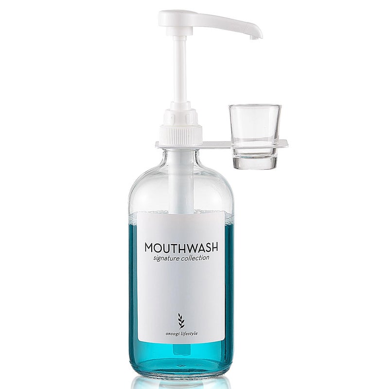 Onsogi Glass Mouthwash Dispenser with Cup Holder and Pump 16 Oz Rustic Boho Mouthwash Dispenser for Bathroom Farmhouse Decor  1 Pack Clear
