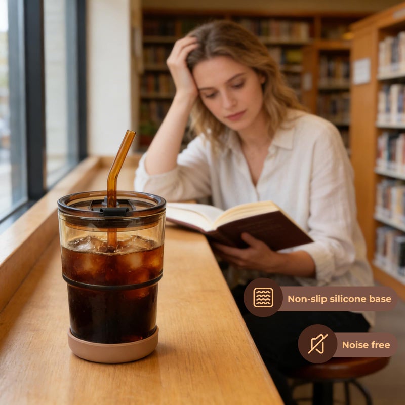 Zukro 13 oz Glass Iced Coffee Cups with Lid and Straw, Leak Proof Glass Tumbler for Ice Tea, Water, Non-Slip Silicone Bottom, Thick Wall Drinking Glasses for Home/Office, BPA Free, Amber & Shrimmer - Image 3