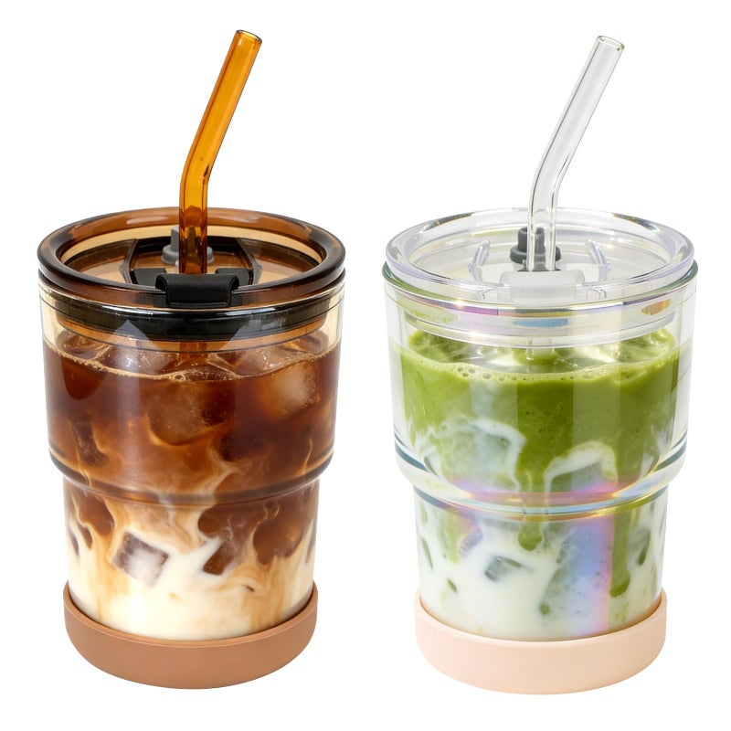 Zukro 13 oz Glass Iced Coffee Cups with Lid and Straw, Leak Proof Glass Tumbler for Ice Tea, Water, Non-Slip Silicone Bottom, Thick Wall Drinking Glasses for Home/Office, BPA Free, Amber & Shrimmer - Image 1