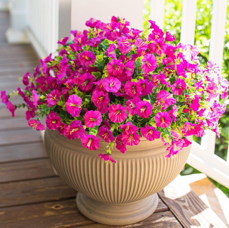 HyeFlora Artificial Fake Flowers Plant for Outdoors 12 Bundles Faux Morning Glory UV Resistant Look Real Silk Flowers for Outside Planter Front Door Porch Patio Yard Spring Summer Decoration Fuchsia