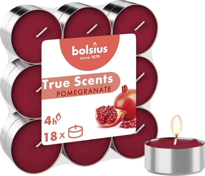 FRAGRANCE TEALIGHTS POMEGRANATE PACK OF 18 BURNING TIME OF 4 HOURS HOUSEHOLD CANDLE INTERIOR DECORATION NATURAL EXTRACTS INCLUDES NATURAL VEGAN WAX NO PALM OIL