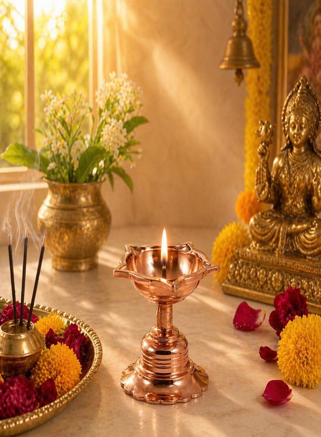 Whizzo Brass Rajwadi Diya for Puja|Table Diya|Heavy Base Aarti Diya|Brass Deepak for Pooja Diwali Gift Item, Temple Decor, Home Mandir - 80 Gm (RajwadiDiya-Rosegold - Image 2