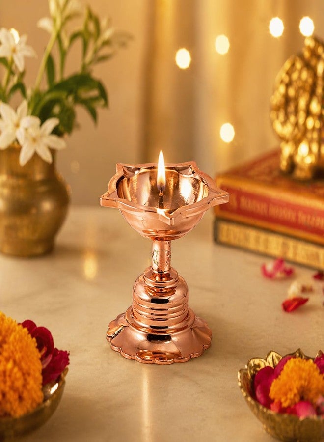 Whizzo Brass Rajwadi Diya for Puja|Table Diya|Heavy Base Aarti Diya|Brass Deepak for Pooja Diwali Gift Item, Temple Decor, Home Mandir - 80 Gm (RajwadiDiya-Rosegold - Image 1