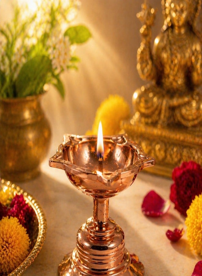 Whizzo Brass Rajwadi Diya for Puja|Table Diya|Heavy Base Aarti Diya|Brass Deepak for Pooja Diwali Gift Item, Temple Decor, Home Mandir - 80 Gm (RajwadiDiya-Rosegold - Image 4