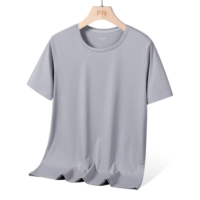 Nano Small Hole Round Neck Ice Silk Men'S And Women'S Same Loose Plus Size Three Bars Solid Color Casual Sports High Elastic Plus Size Top - Image 1