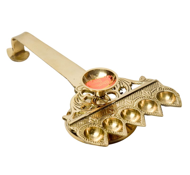 Bhimonee Decor Pure Brass Panch Aarti Deep | Traditional Pooja Diya for Mandir & Rituals | Sacred Oil Lamp for Worship | 2.4 Inches, 370gm - Image 1