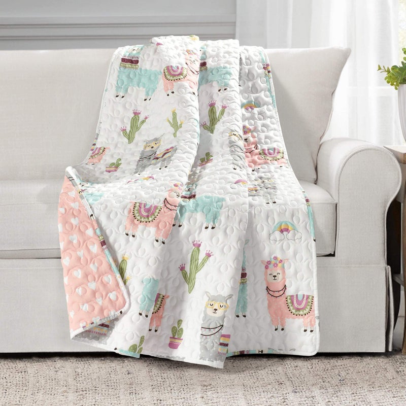 Lush Decor Lush Decor Southwest Llama Cactus Throw Blanket 50 W x 60 L White  Blush  Toddler Blanket  Cute Reversible Boho Quilted Throw for Kids Room 