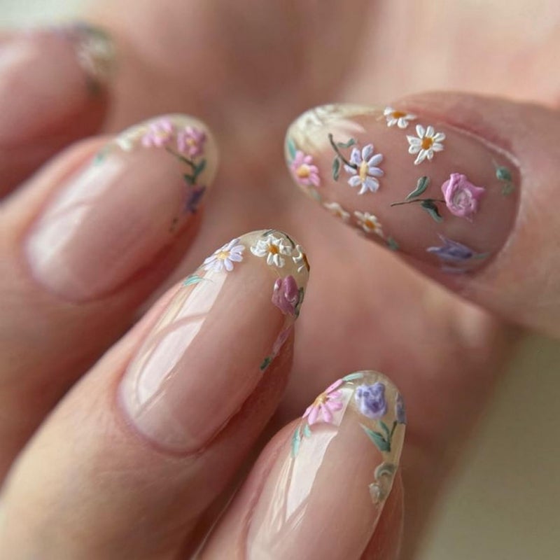 OCOUYVD Colorful Flowers Press on Nails Short Almond Shaped Fake Nails Designs Embossed Floral False Nails Pink Glossy Acrylic Nails Full Cover Stick on Nails for Women Nails Manicure Decoration 24 Pcs - Image 1