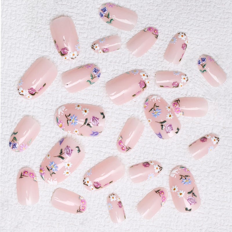 OCOUYVD Colorful Flowers Press on Nails Short Almond Shaped Fake Nails Designs Embossed Floral False Nails Pink Glossy Acrylic Nails Full Cover Stick on Nails for Women Nails Manicure Decoration 24 Pcs - Image 3