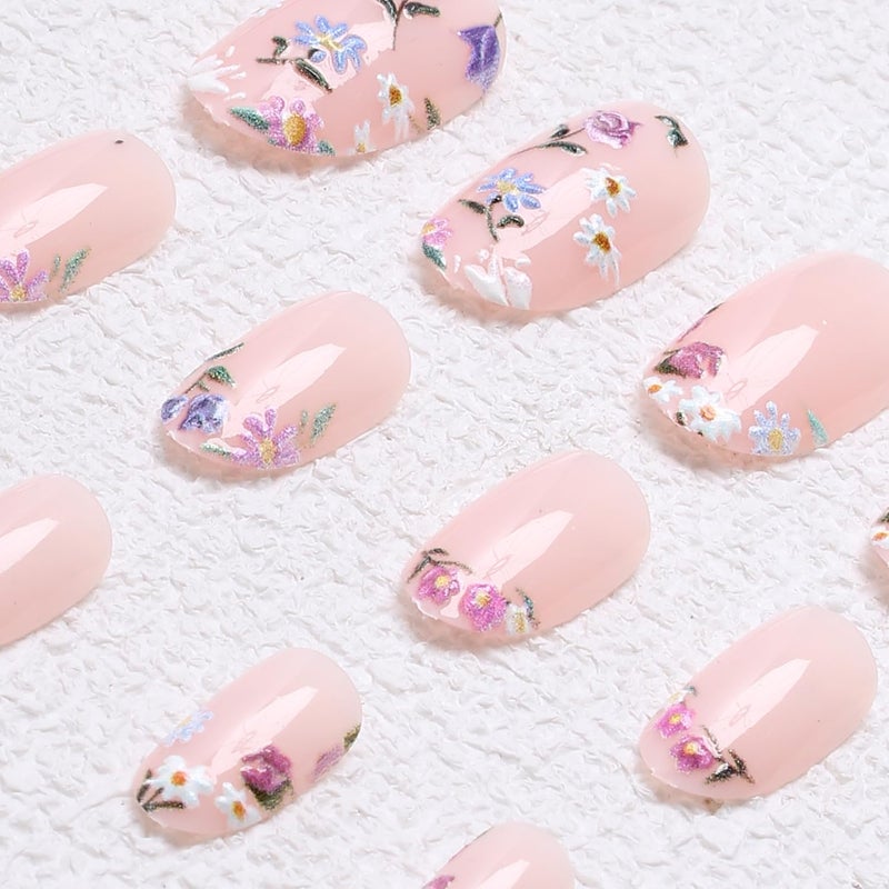 OCOUYVD Colorful Flowers Press on Nails Short Almond Shaped Fake Nails Designs Embossed Floral False Nails Pink Glossy Acrylic Nails Full Cover Stick on Nails for Women Nails Manicure Decoration 24 Pcs - Image 4