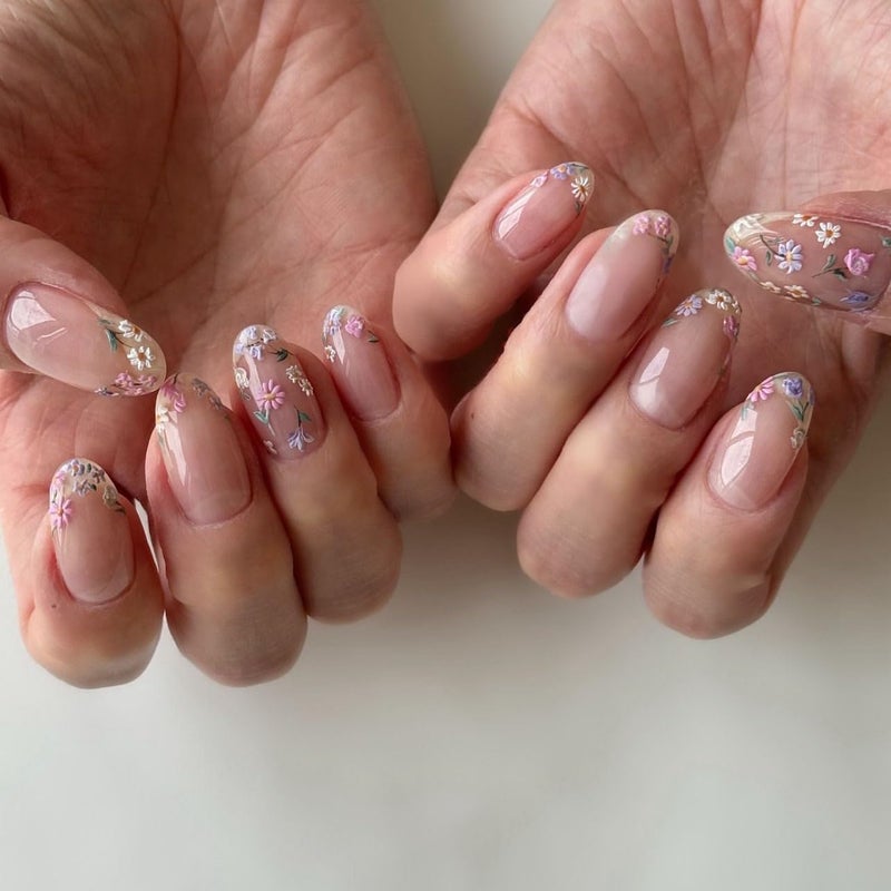 OCOUYVD Colorful Flowers Press on Nails Short Almond Shaped Fake Nails Designs Embossed Floral False Nails Pink Glossy Acrylic Nails Full Cover Stick on Nails for Women Nails Manicure Decoration 24 Pcs - Image 2