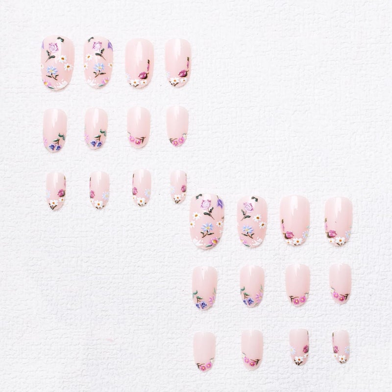 OCOUYVD Colorful Flowers Press on Nails Short Almond Shaped Fake Nails Designs Embossed Floral False Nails Pink Glossy Acrylic Nails Full Cover Stick on Nails for Women Nails Manicure Decoration 24 Pcs - Image 5