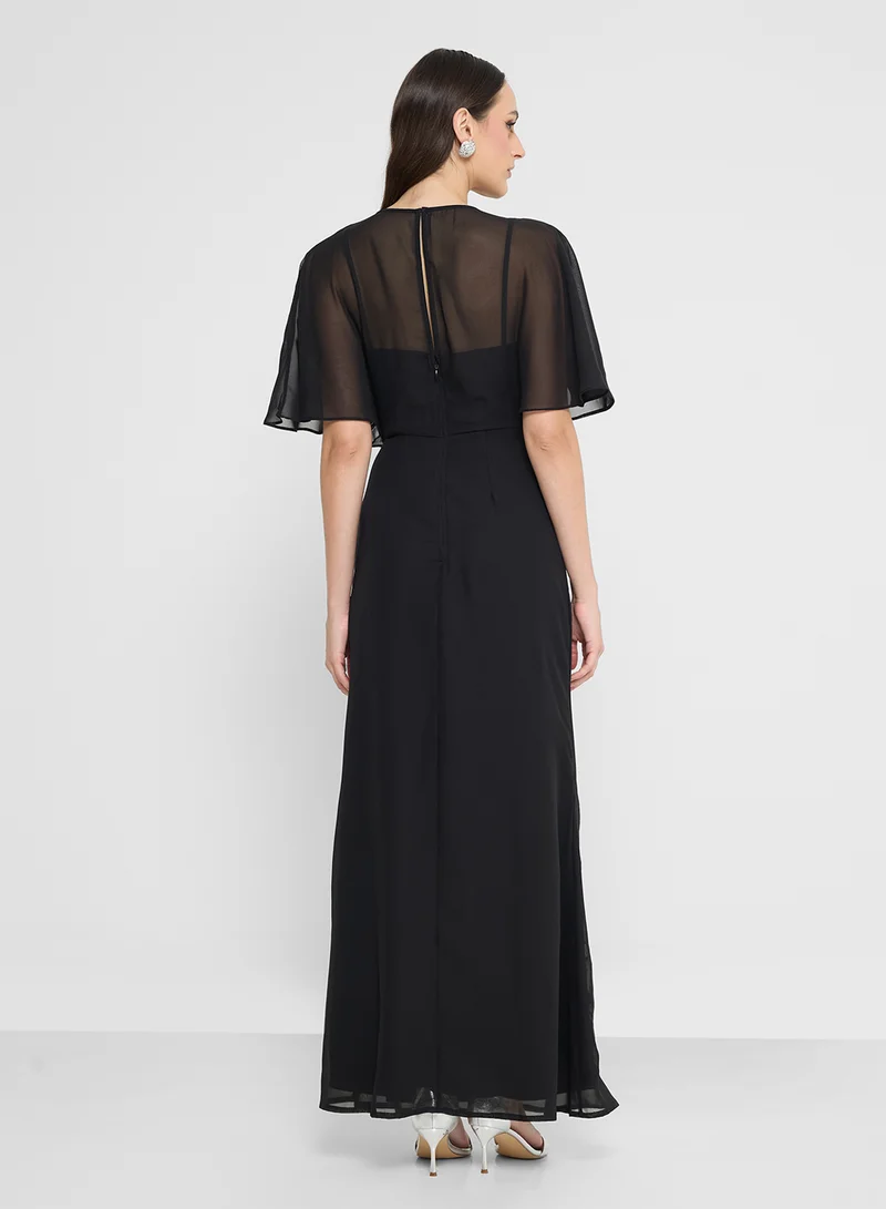 Maya Mesh Detail Embellished Cape Sleeve Maxi Dress