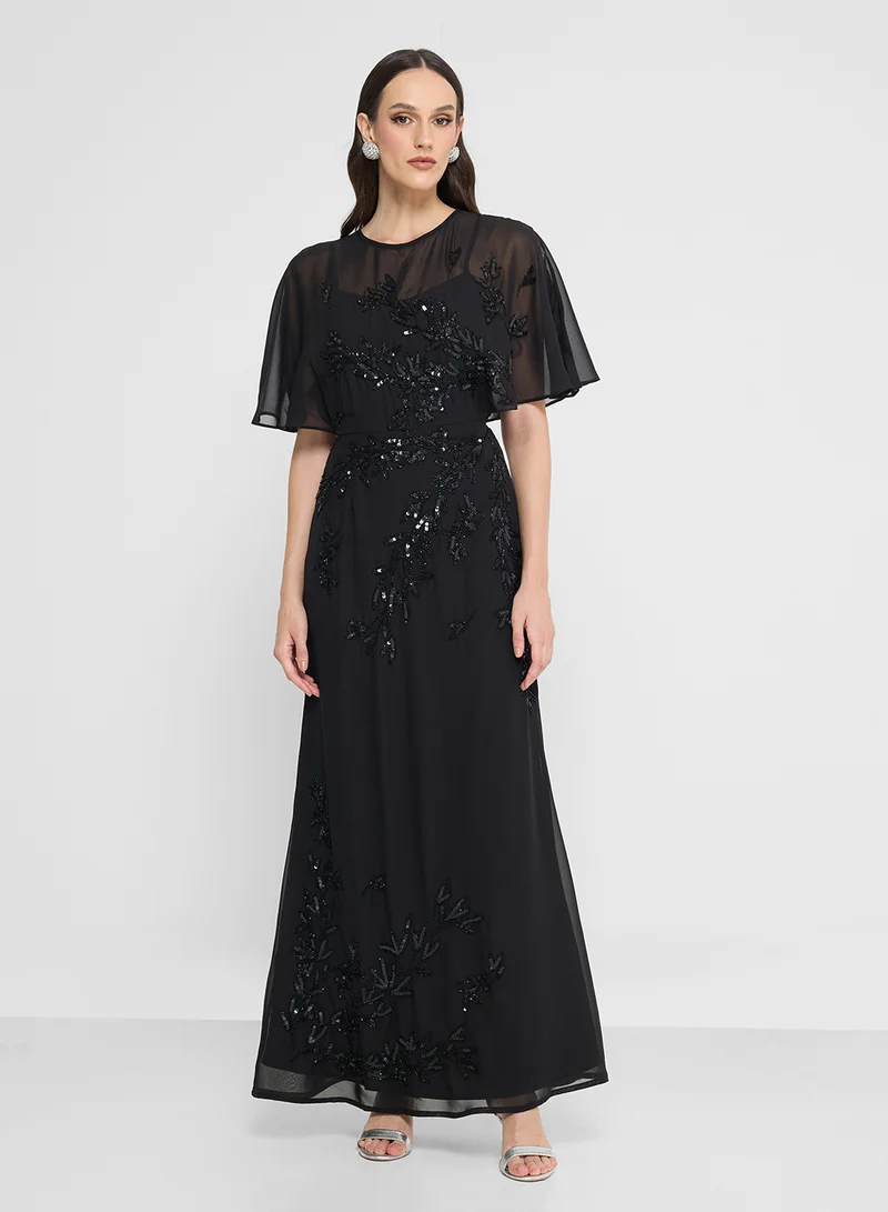 Maya Mesh Detail Embellished Cape Sleeve Maxi Dress