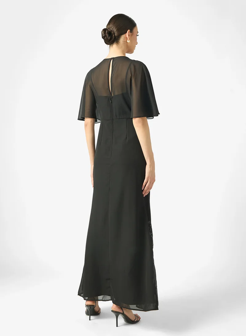 Maya Mesh Detail Embellished Cape Sleeve Maxi Dress
