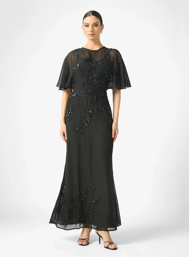 Maya Mesh Detail Embellished Cape Sleeve Maxi Dress