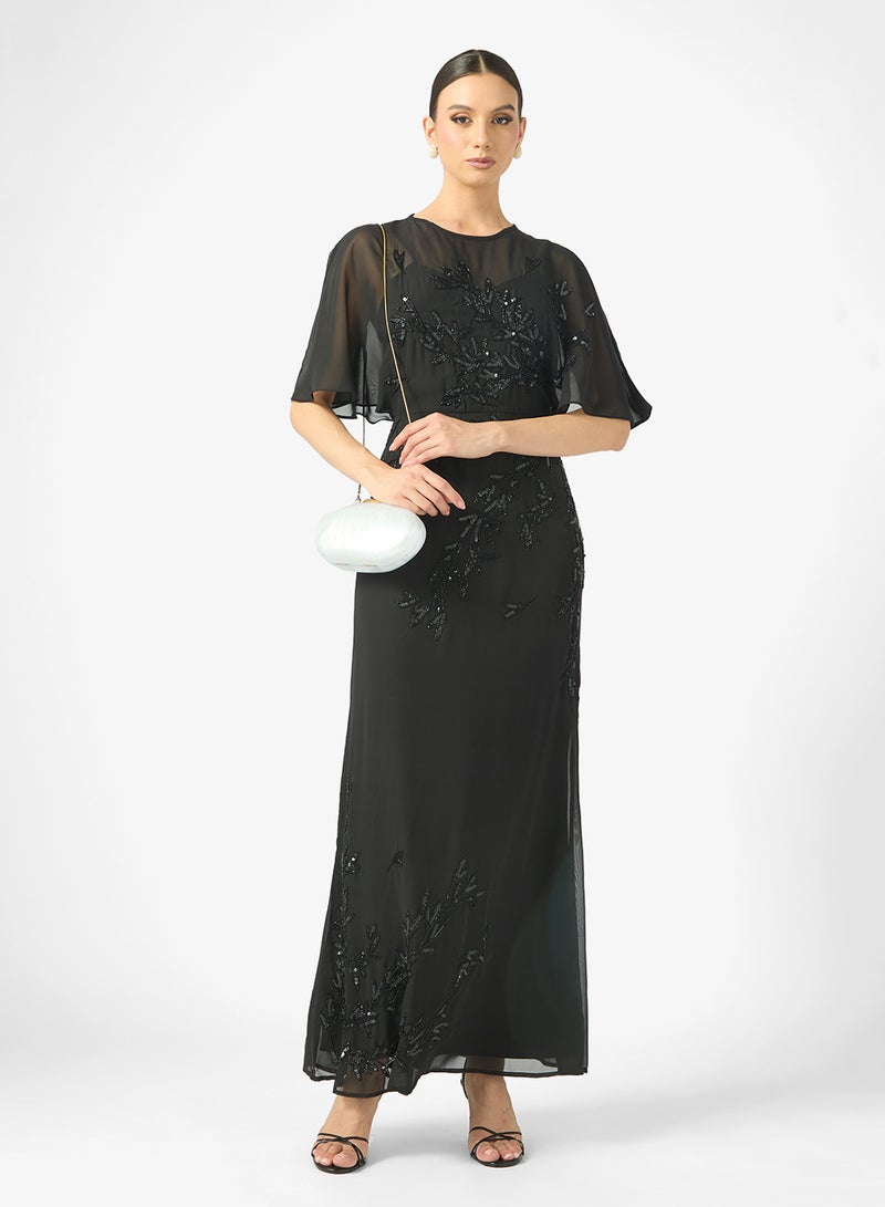 Maya Mesh Detail Embellished Cape Sleeve Maxi Dress - Image 4