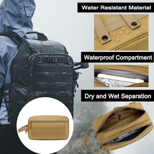 Wapealy Tactical Toiletry Bag for Men – MOLLE Dopp Kit with Dry/Wet Separation, Large Capacity, Water-Resistant Travel Shaving Bag with U.S Patch & T-Mount MOLLE Clip (khaki) - Image 3