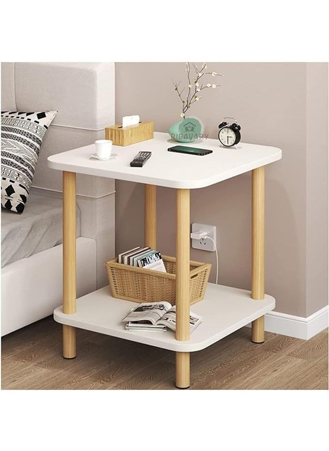 SEROFIK SEROFIK Wooden 2Tier White Side Table Tall End Table with Storage Rack Wooden Nightstand Bedside Table for Living Room Bedroom and Office 