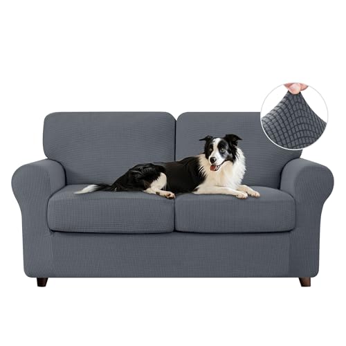 CHUN YI 5 Piece Loveseat Covers Couch Covers for 2 Cushion Couch, Stretch Sofa Slipcovers with Separate Backrest and Cushion Covers, Anti-Slip Washable Furniture Protector for Dogs Pets (Medium, Grey) - Image 1