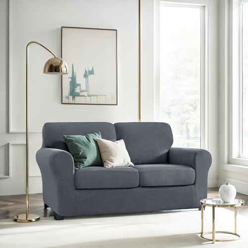 CHUN YI 5 Piece Loveseat Covers Couch Covers for 2 Cushion Couch, Stretch Sofa Slipcovers with Separate Backrest and Cushion Covers, Anti-Slip Washable Furniture Protector for Dogs Pets (Medium, Grey) - Image 2